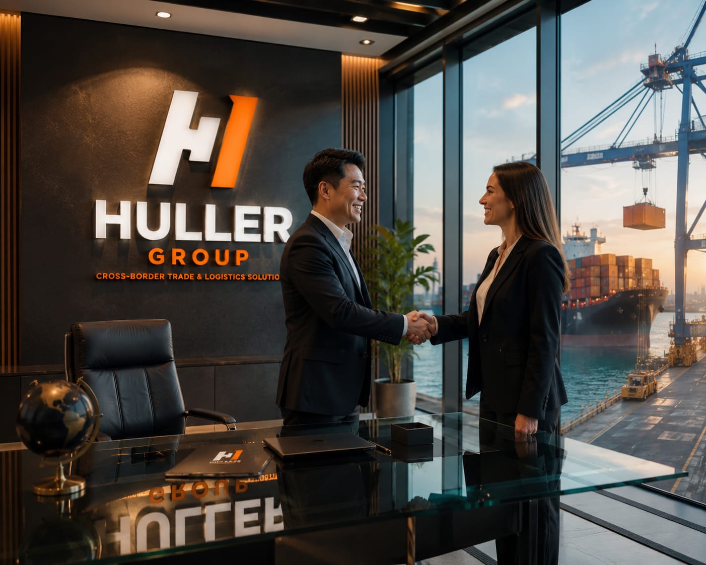 Equipo de Huller Group en una reunión con vista a un puerto de contenedores